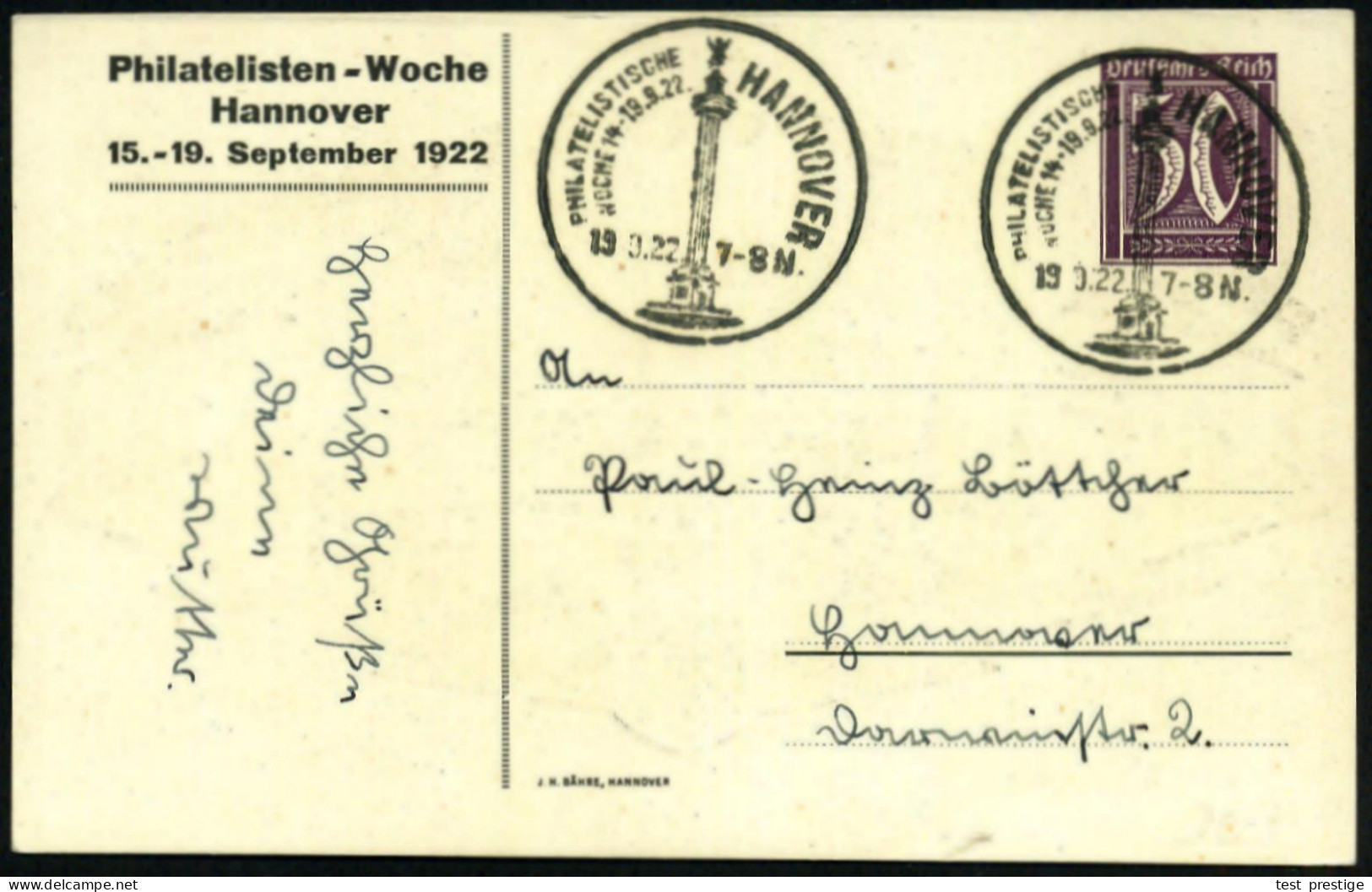 HANNOVER/ PHILATEL./ WOCHE 1922 (19.9.) SSt = Waterloo-Säule Auf Passender PP 50 Pf. Ziffer, Viol.: Philatel.-Woche: Sta - Napoleón