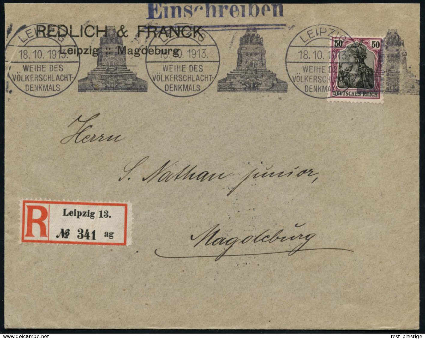 LEIPZIG/ WEIHE DES/ VÖLKERSCHLACHT-/ DENKMALS 1913 (18.10.) Band-MWSt = Völkerschlacht-Denkmal, Klar Auf  EF 50 Pf. Germ - Napoleon