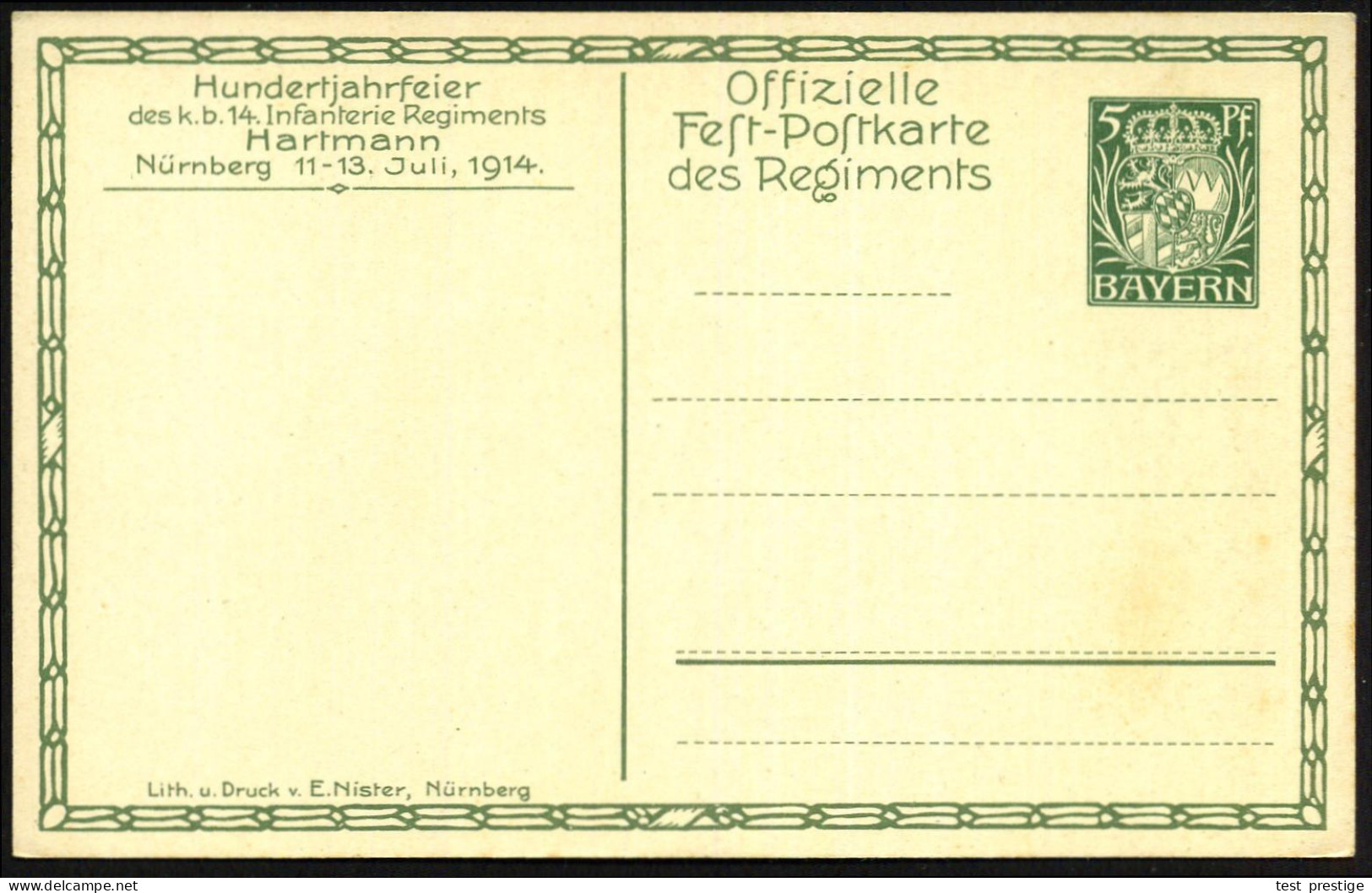 Nürnberg 1914 (Juli) PP 5 Pf. Huppwappen, Grün: 100-Jahrfeier 14. Inf. Regmt. Hartmann = Scharmützel Mit Kosaken 1812 (s - Napoleon