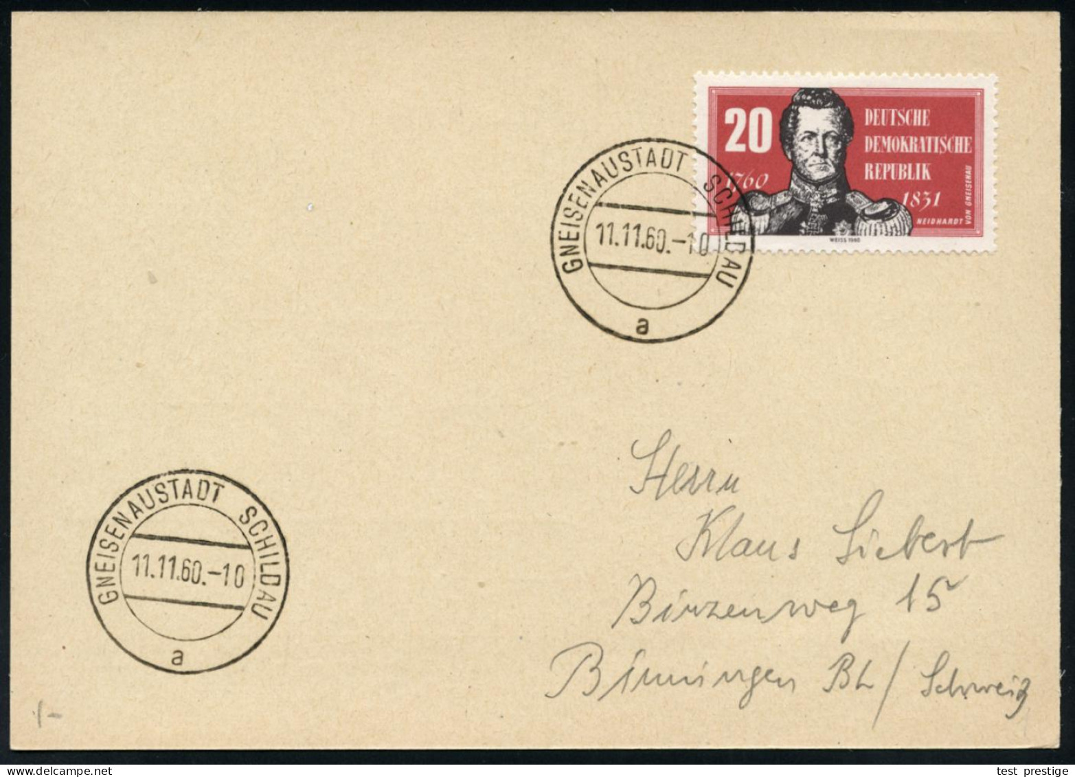 SCHILDAU GNEISENAUSTADT/ A 1960 (11.11.) 2K-HWSt Auf Passender EF 20 Pf. N. Von Gneisenau (Mi.793 EF) Klar Gest. Ausl.-K - Napoleón