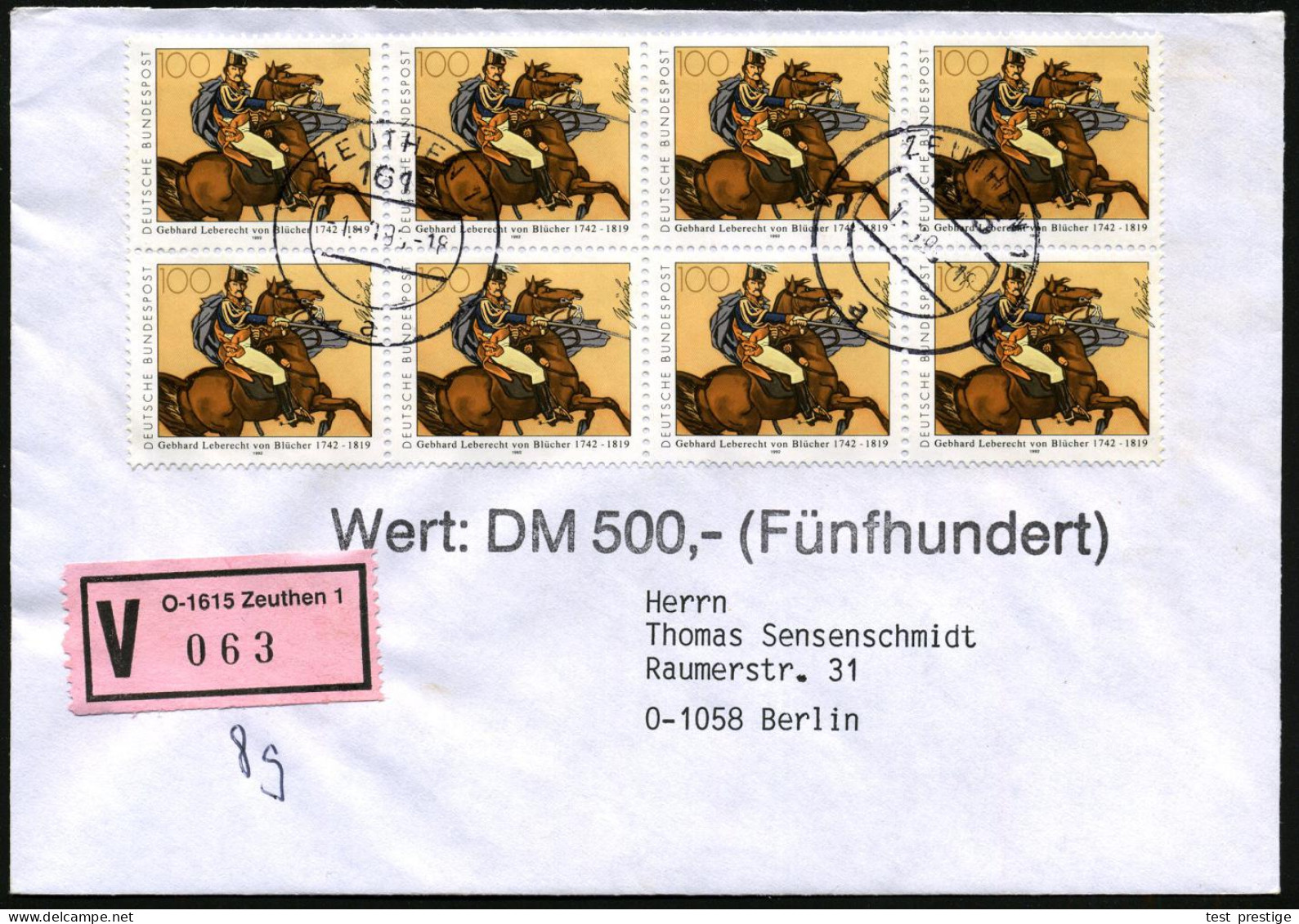 B.R.D. 1993 (1.3.) 100 Pf. "250. Geburtstag Fürst Blücher", Reine MeF: 8er-Block 2x Sauber Gest. + Seltener Rosa VGO-VZ: - Napoleón