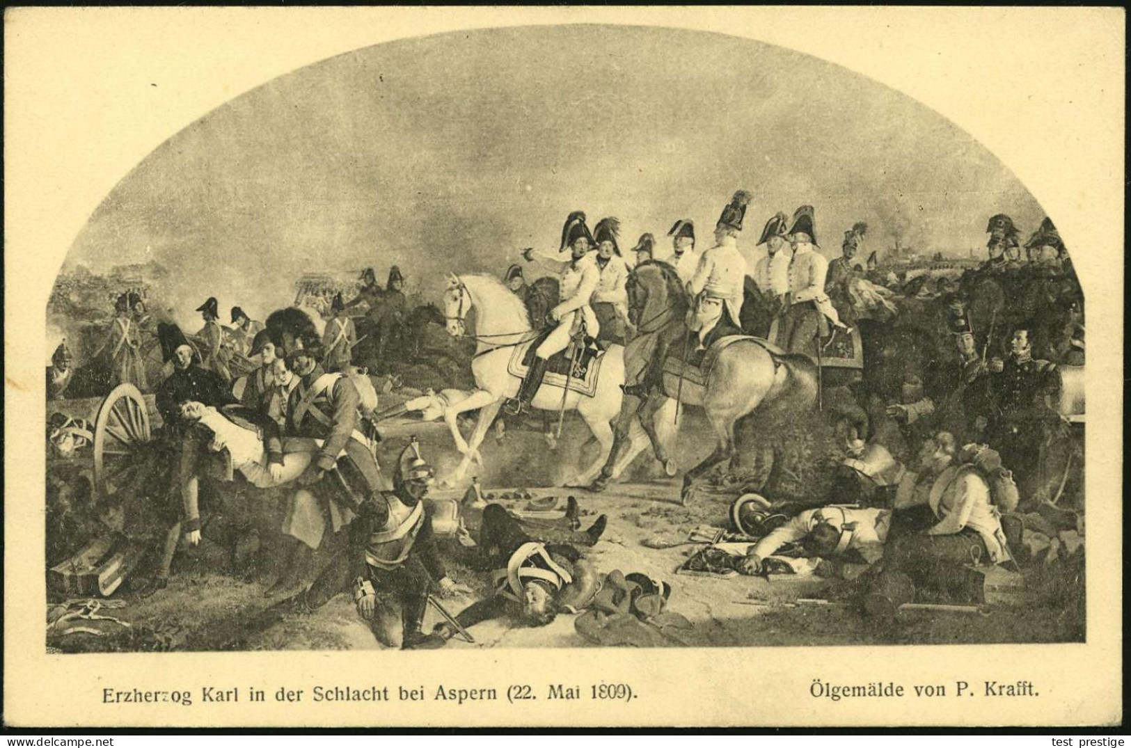 ÖSTERREICH 1909 PP 5 H. KFJ-Jubiläum, Grün: Erzherzog Karl-Ausstellung/Aspern-Feier 1909 = Schlacht Bei Aspern 22.5.1809 - Napoleon