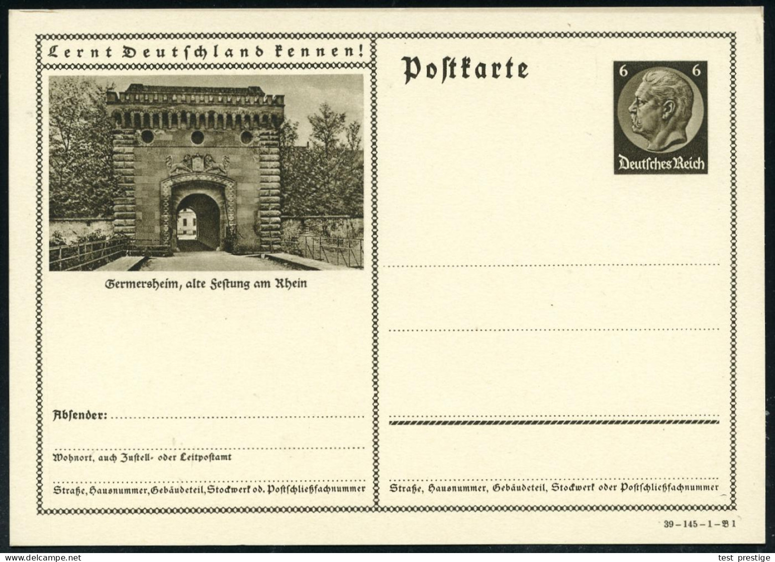 Germersheim 1939 6 Pf. BiP Hindenbg., Braun: Festungsportal , Ungebr. Vergl. Text Los 1273  (Mi.P236-39-145--1-B 1) - DE - Autres & Non Classés