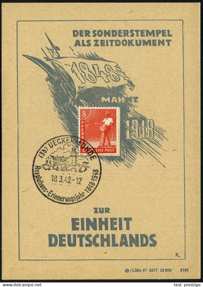 (3b) UECKERMÜNDE/ Revolutions-Erinnerungsjahr 1848.. 1948 (24.3.) HWSt = Schloß , Klar Auf Gedenkblatt: 1848 MAHNT 1948. - Andere & Zonder Classificatie