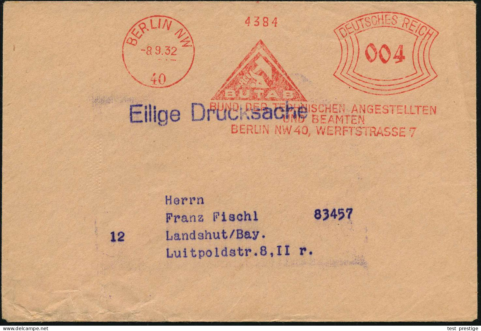 BERLIN NW/ 40/ BUTAB/ BUND DER TECHN.ANGESTELLTEN/ U.BEAMTEN.. 1932 (Sept.) AFS Francotyp = Gewerk-schaft Der Technische - Otros & Sin Clasificación