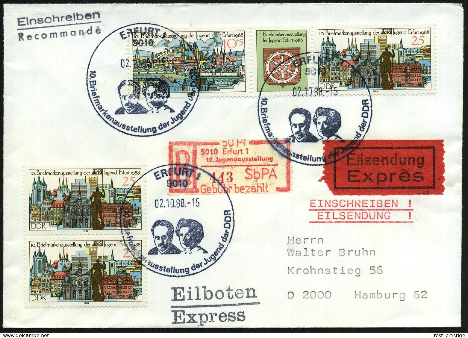 5010 ERFURT 1/ 10.Briefmarkenausstellung Der Jugend.. 1988 (2.10.) SSt = Karl Liebknecht, Rosa Luxemburg 3x Auf Passende - Otros & Sin Clasificación