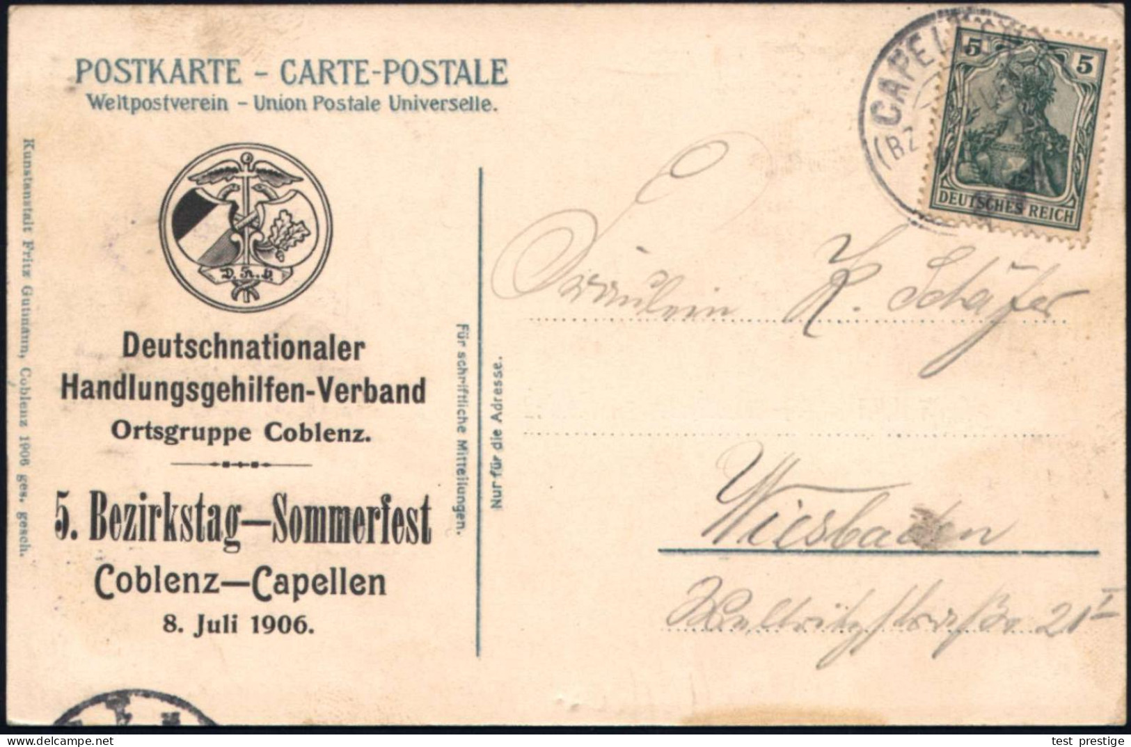 Koblenz-Capellen 1906 (8.7.) 1K-Segment: CAPELLEN/ (BZ COBLENZ) Auf Sonderkarte: Deutschnationaler Handlungsgehilfen-Ver - Autres & Non Classés