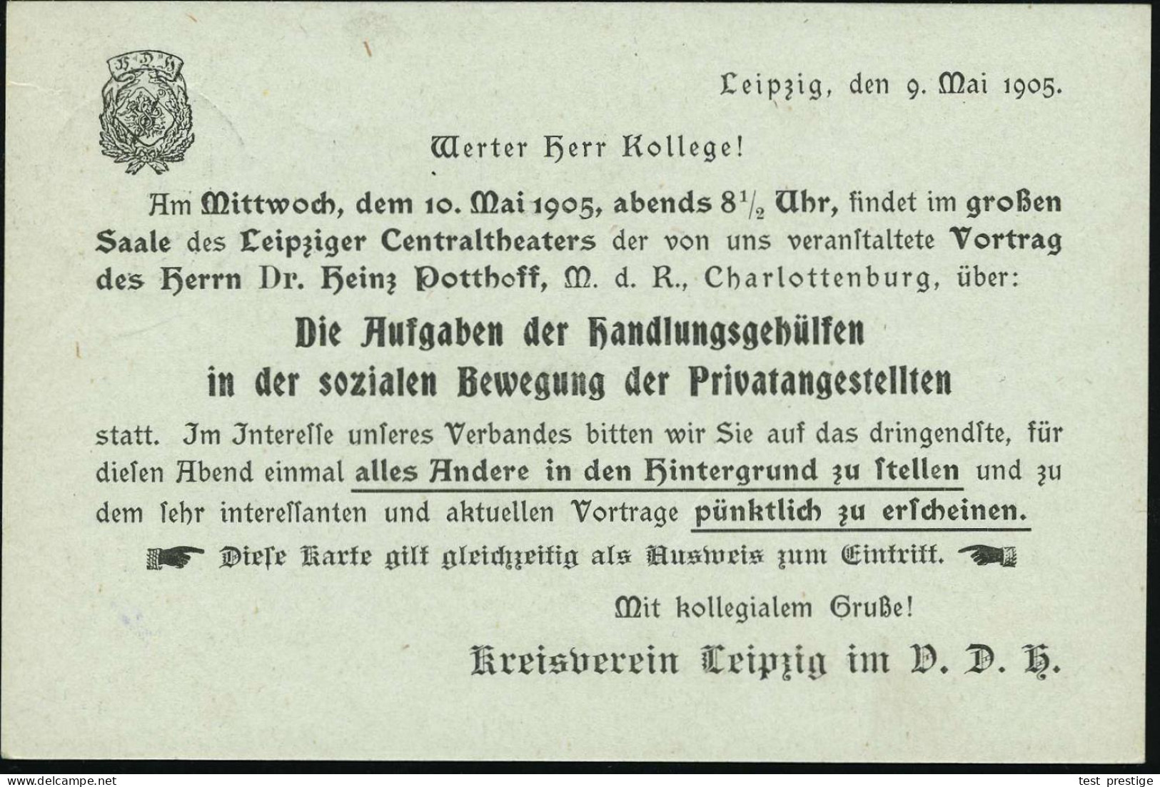 LEIPZIG/ M13m 1905 (9.5.) 1K-Gitter Auf Orts-P 2 Pf. Germania + Rs. Zudruck: D.H.V. Vortrag über "Die Aufgaben Der Hand- - Otros & Sin Clasificación