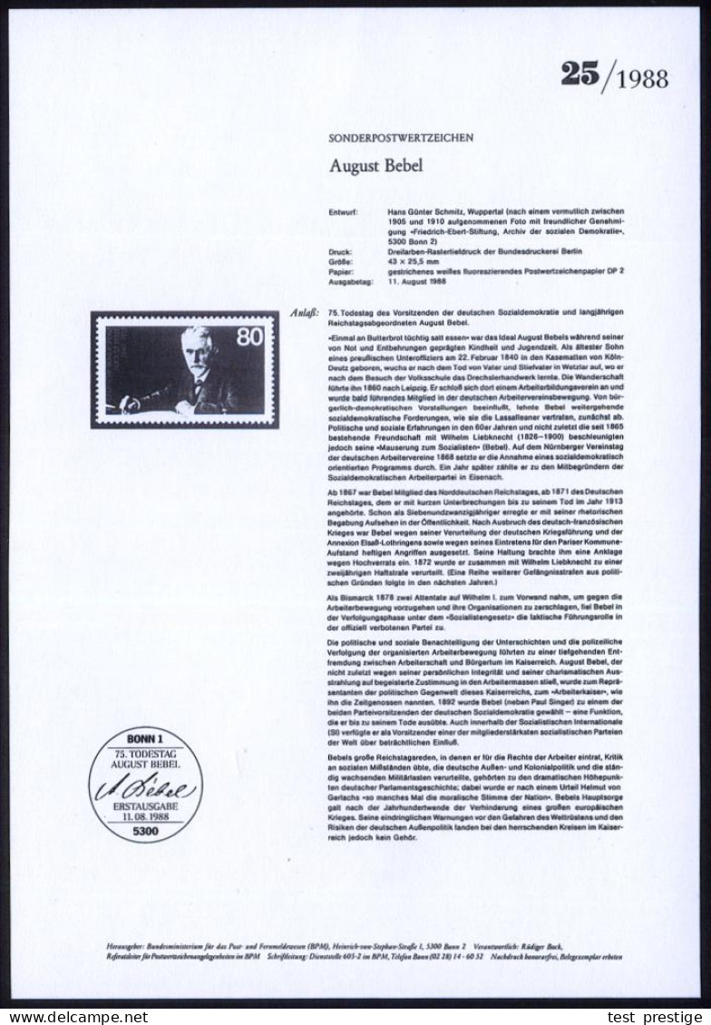 B.R.D. 1988 (Aug.) 80 Pf. "75.Todestag August Bebel" Mit Amtl. Handstempel  "M U S T E R" , Postfr. + Amtl. Ankündigungs - Other & Unclassified