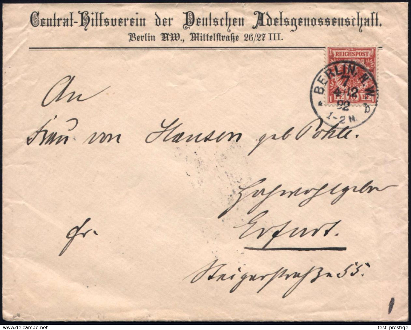 BERLIN,N.W./ 7/ *b 1892 (4.12.) 1K Auf Vordruck-Bf.: Central-Hilfsverein Des Deutschen Adelsgenossenschaft (Zierschrift! - Sonstige & Ohne Zuordnung