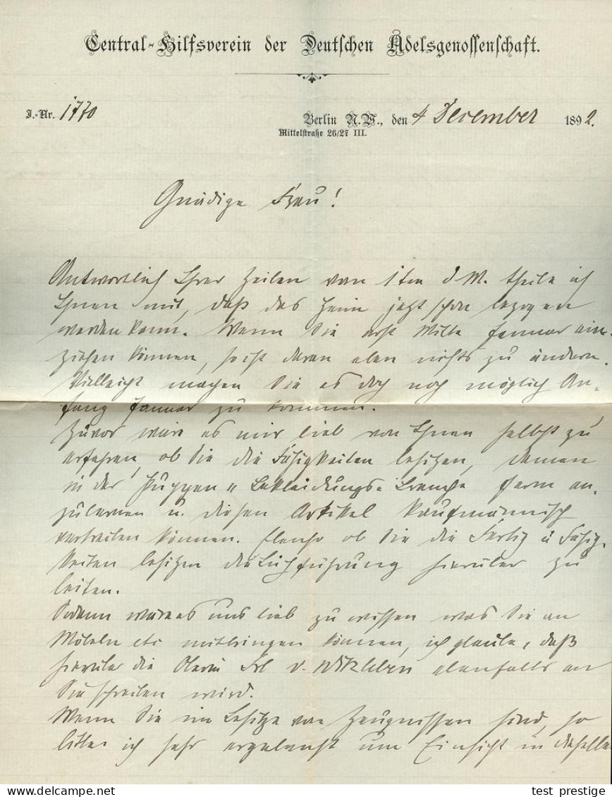 BERLIN,N.W./ 7/ *b 1892 (4.12.) 1K Auf Vordruck-Bf.: Central-Hilfsverein Des Deutschen Adelsgenossenschaft (Zierschrift! - Autres & Non Classés