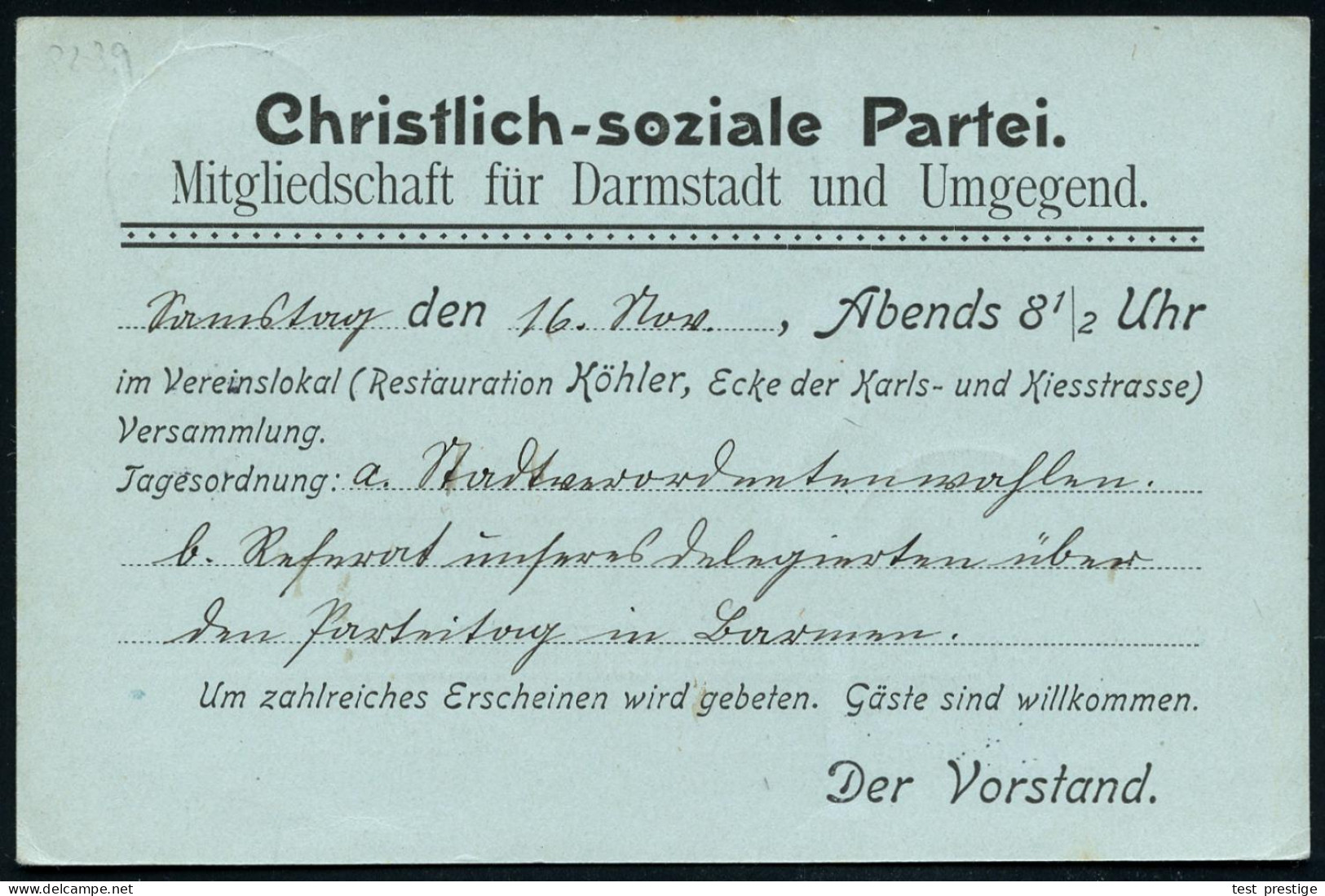 DARMSTADT/ *2b 1901 (14.11.) 1K-Gitter Auf Amtl. Orts-P. 2 Pf. Germania + Rs. Zudruck: Christlich-soziale Partei.. Darms - Otros & Sin Clasificación