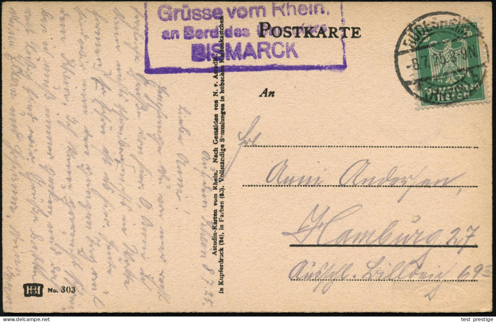 RÜDESHEIM/ *(RHEIN)/ B 1925 (8.7.) 1K-Brücke + Viol. Bordpost-Ra.3: Grüsse Vom Rhein/an Bord Des Dampfers/BISMARCK , Kla - Autres & Non Classés
