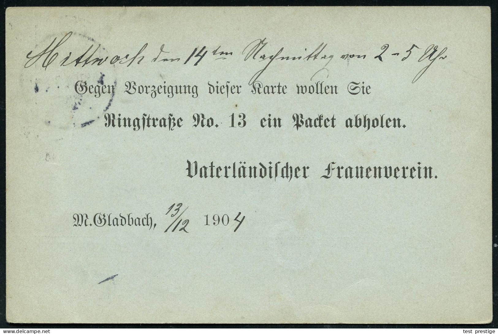 M.GLADBACH/ *1h 1904 (13.12.) 1K-Gitter Auf Orts-P 2 Pf. Germania, Rs. Zudruck: Vaterländischer Frauenverein, Ortskt. An - Other & Unclassified