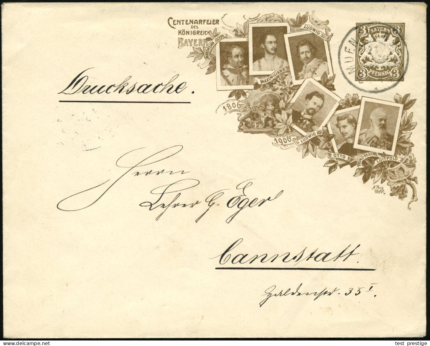 München 1906 PU 3 Pf. Wappen Braun: CENTENARFEIER KÖNIGREICH BAYERN Von 1806 Bis 1906 = 6 Bayer. Könige Inkl. Ludwig II  - Other & Unclassified