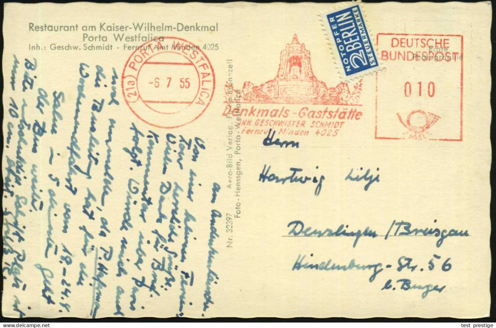 (21a) PORTA WESTFALICA/ Denkmals-Gaststätte/ JNH.GESCHW.SCHMIDT 1955 (6.7.) AFS Postalia = Kaiser Wilhelm I.-Denkmal = H - Andere & Zonder Classificatie