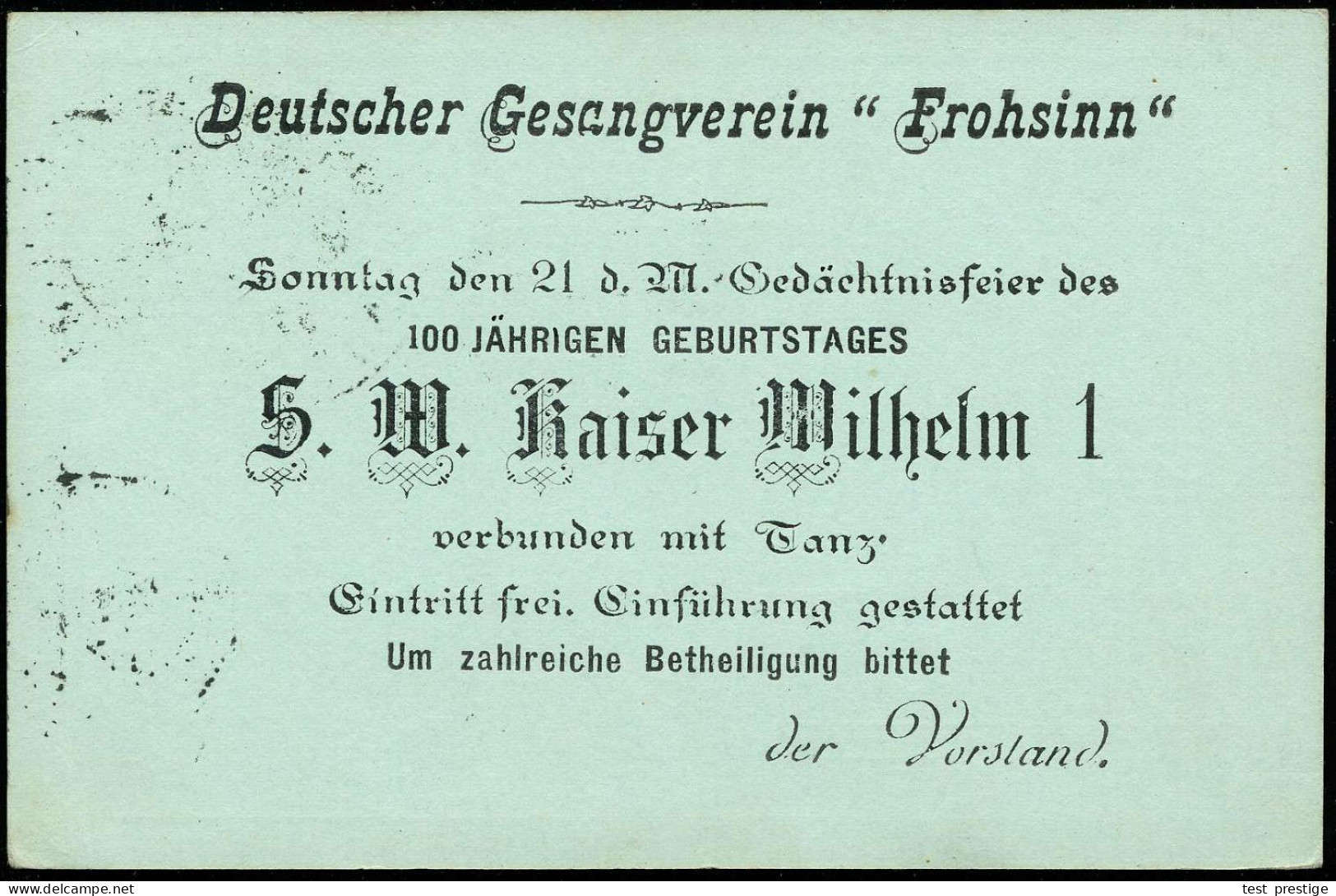 CHILE 1897 (18.3.) Amtl. Inl.-P 1 C. Columbus, Grün + Rs. Zudruck: Deutscher Gesangsverein "Frohsinn" /Gedächtnisfeier/1 - Otros & Sin Clasificación