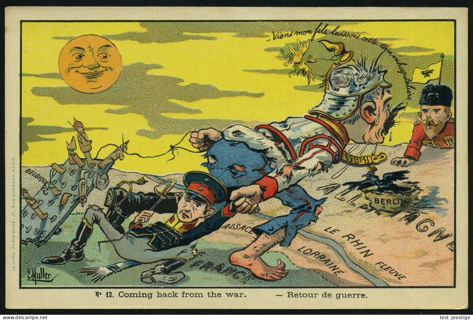 FRANKREICH 1914 Color-Litho-Propaganda-Künstler-Ak. No.12: Rückkehr Vom Krieg = Wilhelm II Mit Kronprinz, Zar Nikolaus I - Autres & Non Classés