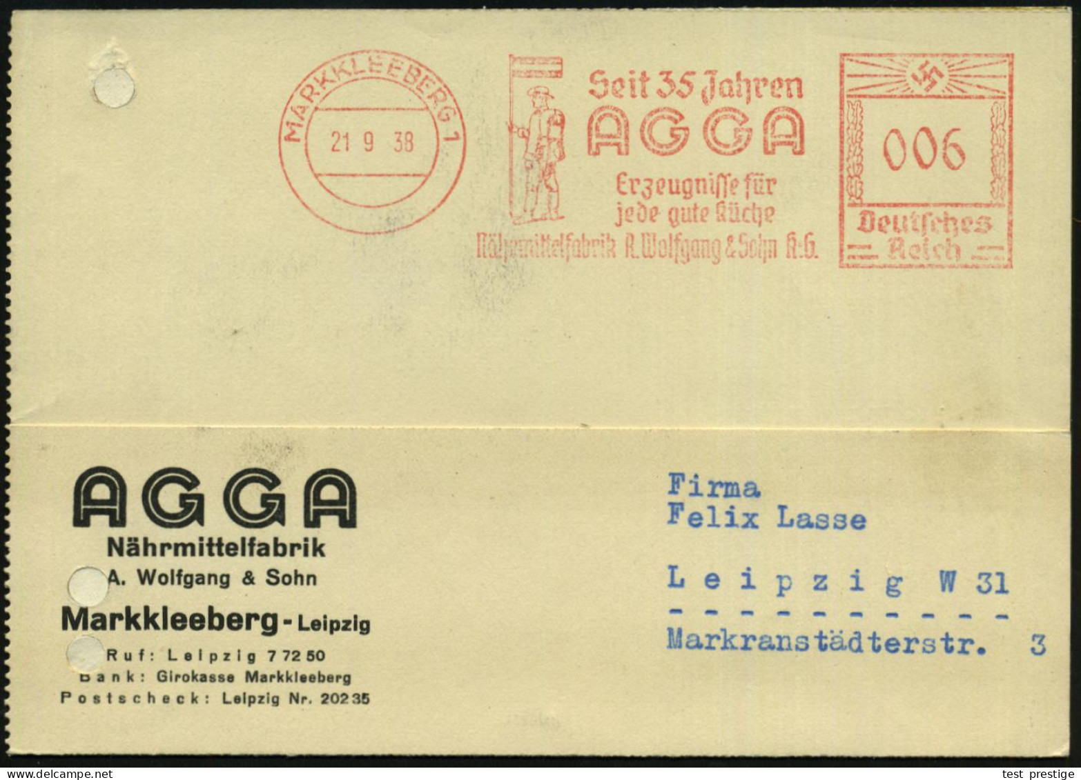 MARKKLEEBERG 1/ Seit 35 Jahren/ AGGA/ ..Nährmittelfabrik.. 1938 (21.9.) AFS = Kolonialsoldat Mit Rucksack U. Standarte , - Other & Unclassified