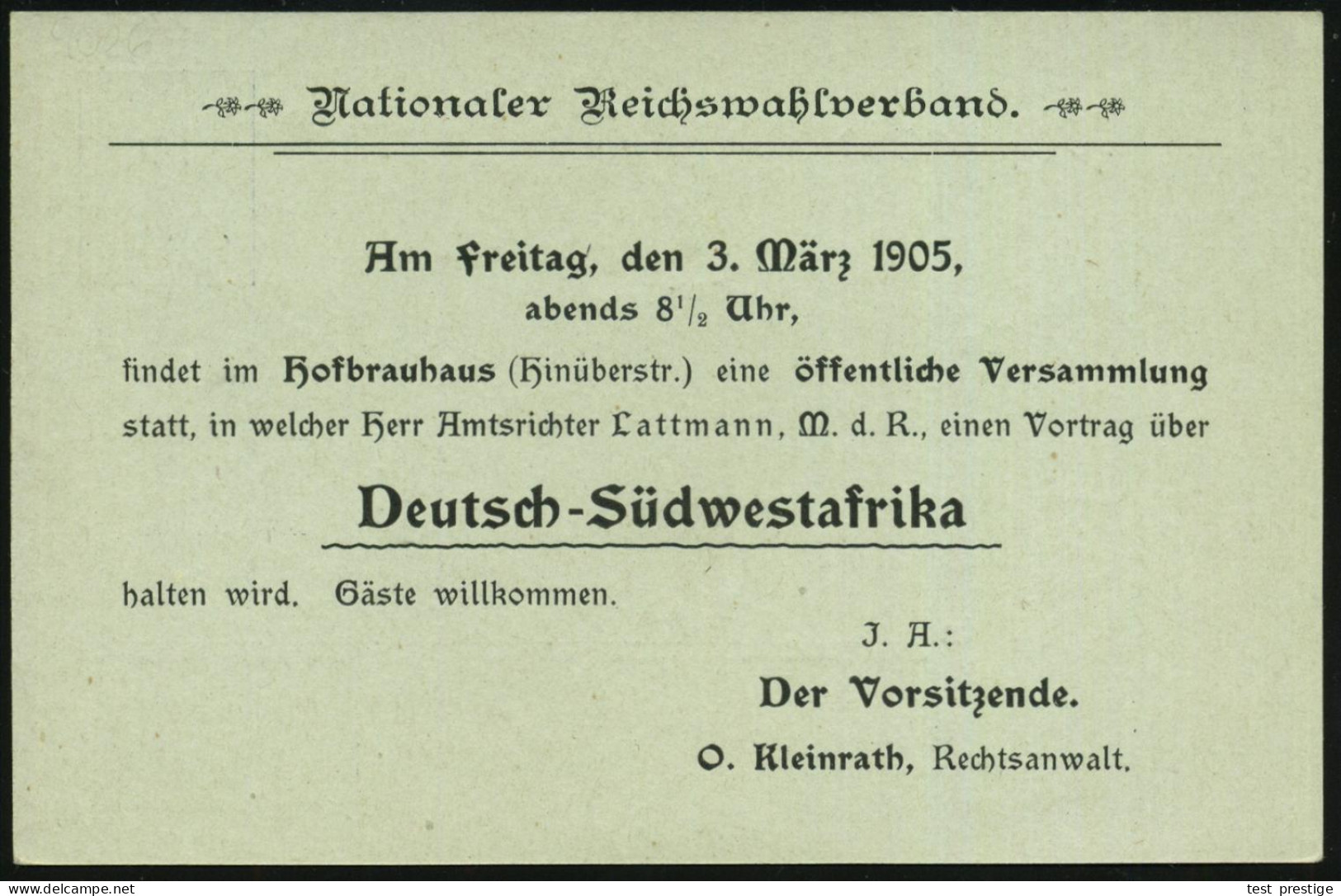 München 1905 (3.3.) Amtl. Orts-P 2 Pf. Germania + Rs. Zudruck: Nationaler Reichswahlverband.. Hofbräuhaus..Vortrag über  - Other & Unclassified