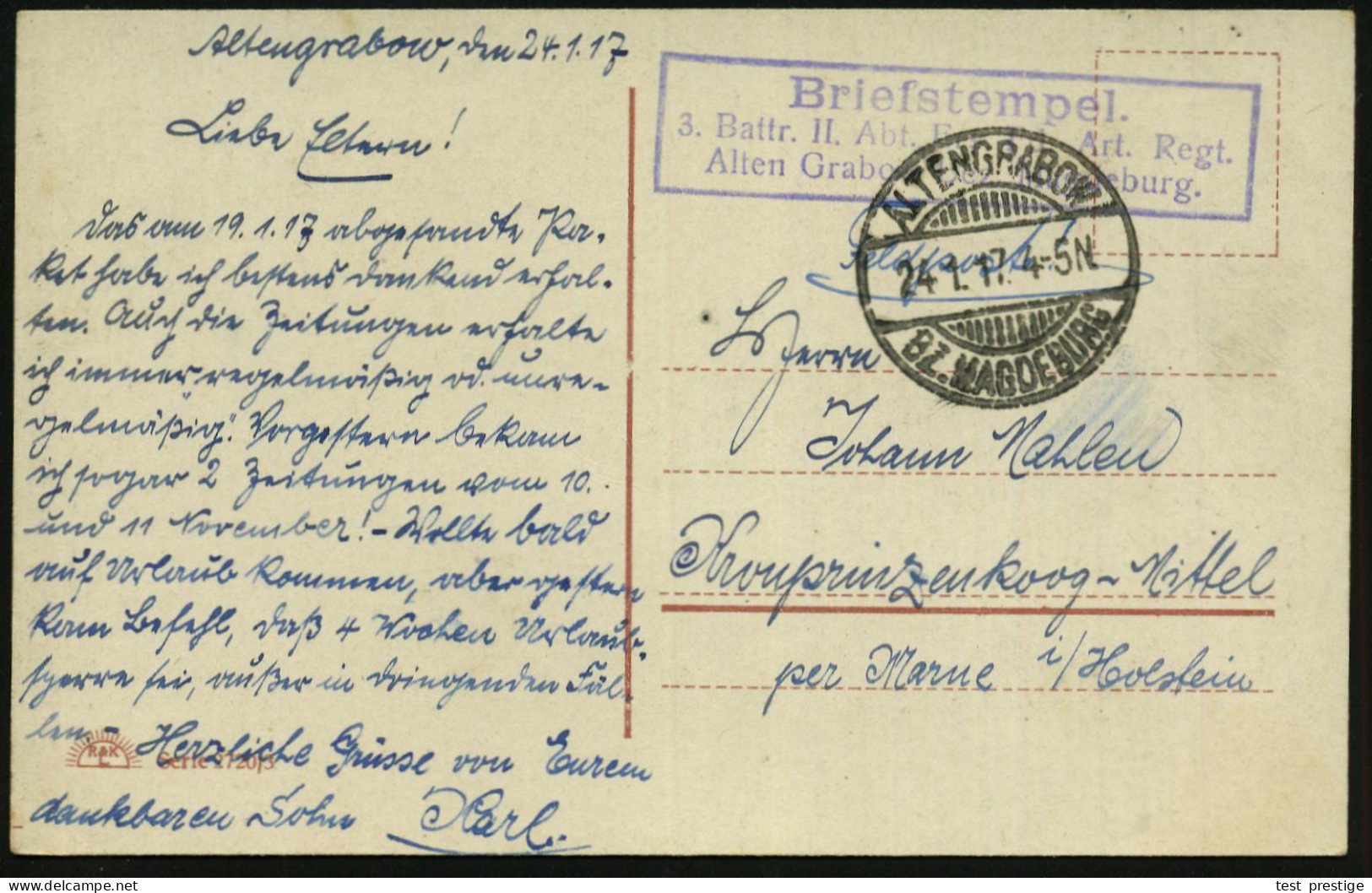 ALTENGRABOW/ (BZ.MAGDEBURG) 1917 (24.1.) 1K-Gitter + Viol. Ra.3: ..3. Battr. II. Abt. Ers. Fu.(ss) Art. Regt./ Altengrab - 1. Weltkrieg