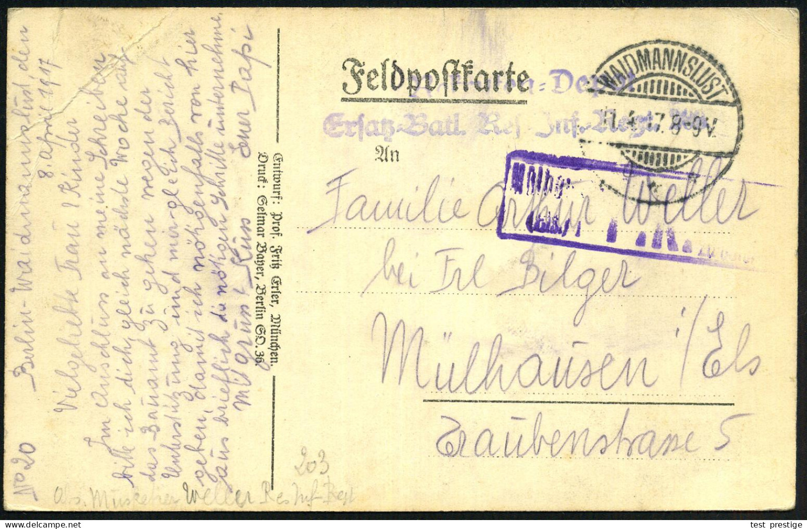 Berlin-Waidmannslust 1917 (11.4.) 1K-Gitter: WAIDMANNSLUST/*** + 2L: Jnf.Reg.203 + Zensur-Ra. (Mühlhausen) Teils Undeutl - Guerre Mondiale (Première)