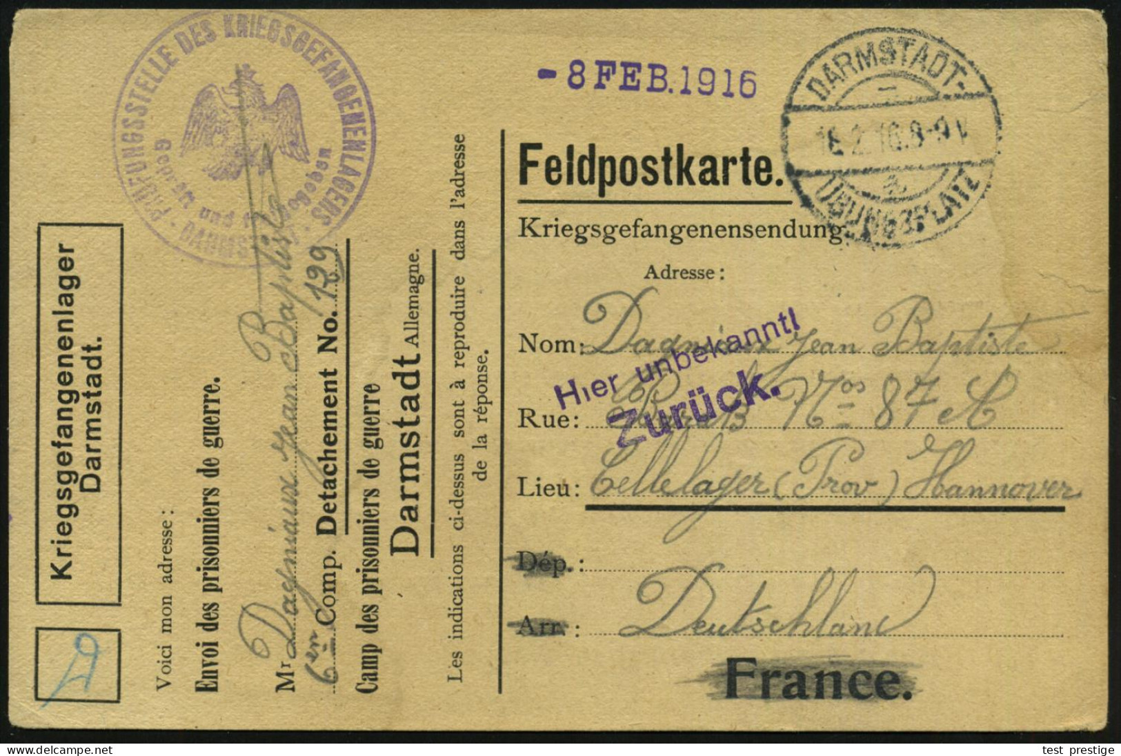 DARMSTADT-/ A/ ÜBUNGSPLATZ 1916 (18.2.) 1K-Brücke Auf Kgf.-VordruckKt.: Kriegsgefangenenlager Darmstadt (Randriß) Viol.  - Guerre Mondiale (Première)