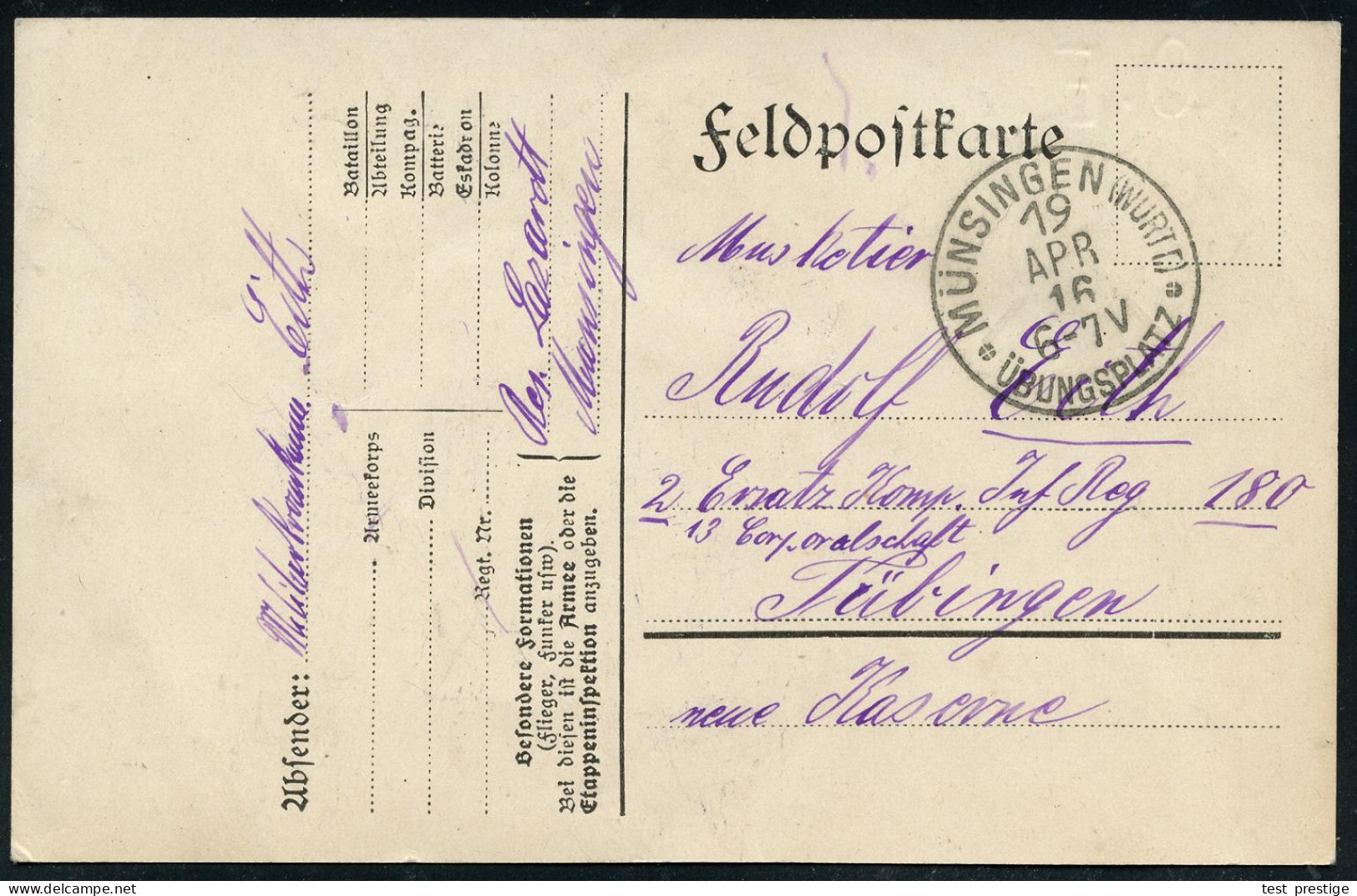 MÜNSINGEN (WÜRTT.)/ *ÜBUNGSPLATZ* 1916 (19.4.) 1K Mit 2 Kleeblatt-Sternen + Hs. Abs.: "Res. Lazarett Münsingen" , Patrio - WW1 (I Guerra Mundial)