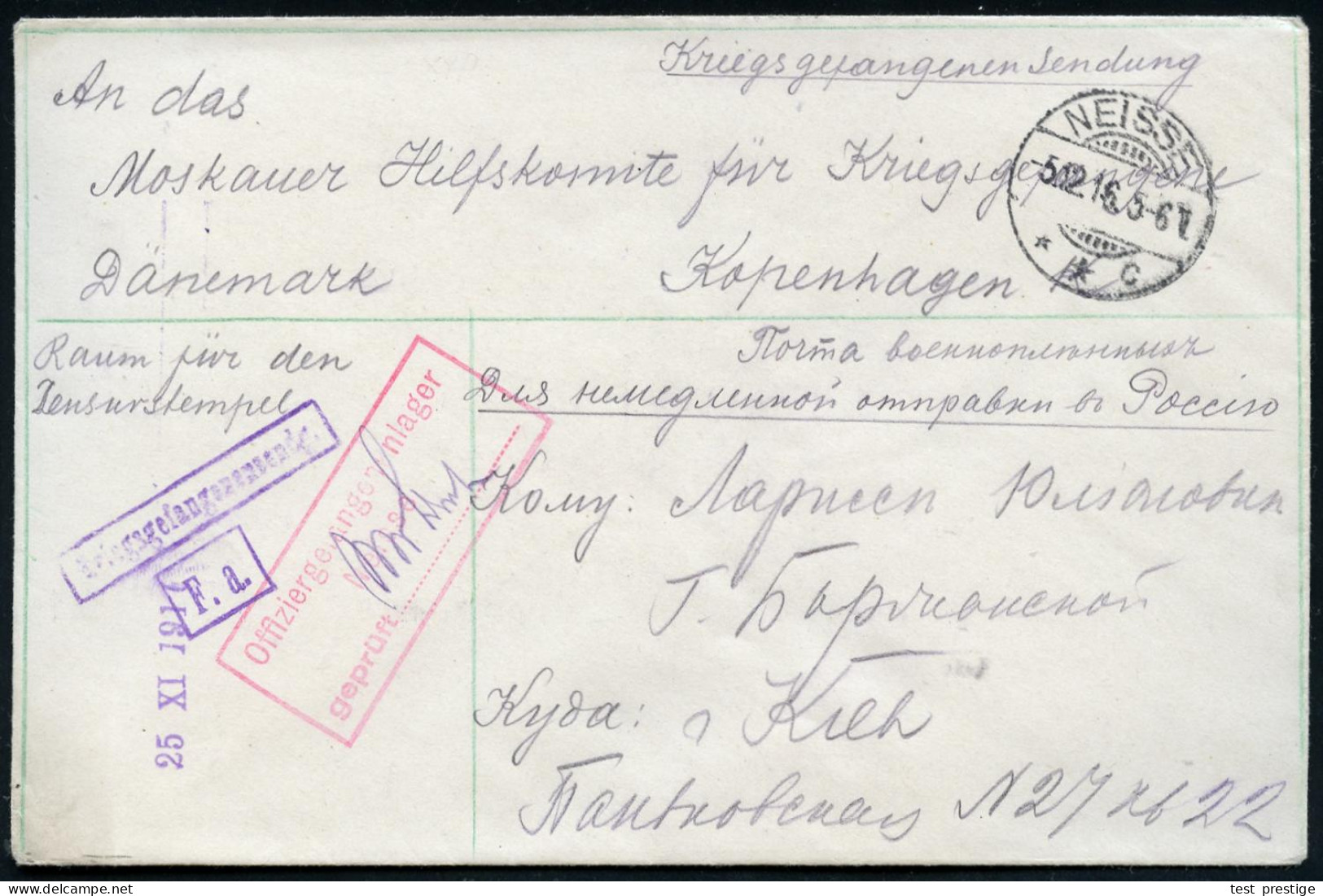 NEISSE/ **c 1916 (5.12.) 1K-Gitter + Roter Zensur-Ra.3: Offiziersgefangenenlager/ Neisse/ Geprüft_____ + Hs. Paraphe Etc - WO1