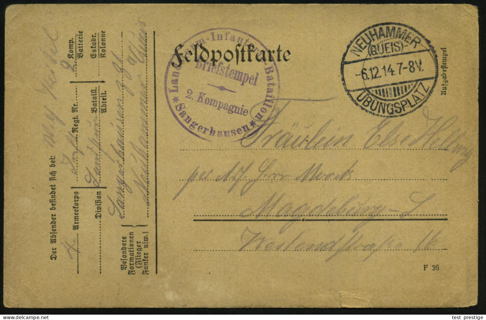 NEUHAMMER/ (QUEIS)/ ÜBUNGSPLATZ 1914 (6.12.) 1K-Gitter = Hauspostamt Truppenübungsplatz + Viol. 1K-HdN: Landsturm-Infant - WW1