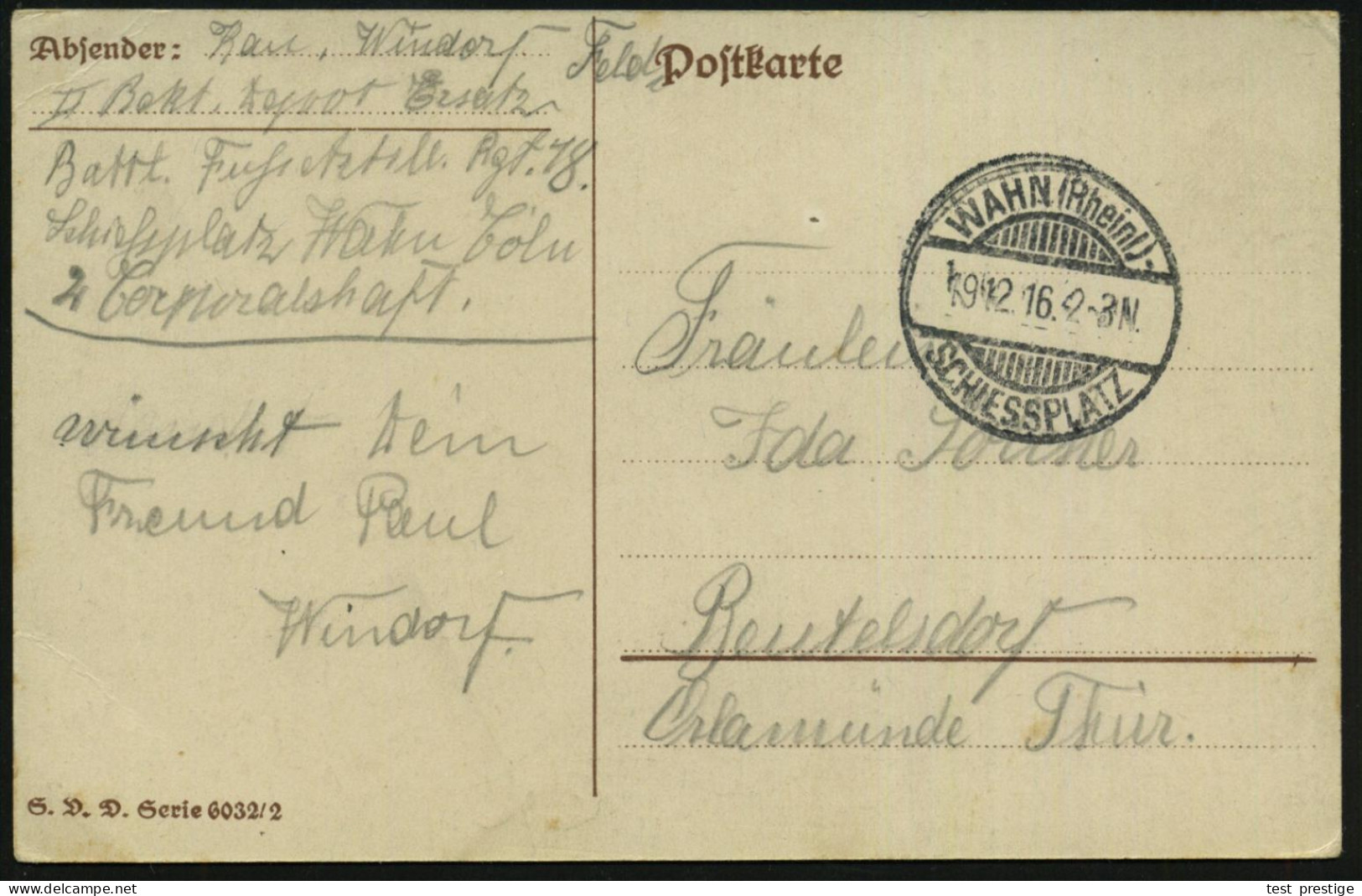 WAHN (Rheinl.)-/  S C H I E S S P L A T Z 1914 (19.12.) 1K-Gitter = Hauspostamt Truppenübungsplatz Für Artillerie + Hs.  - WO1