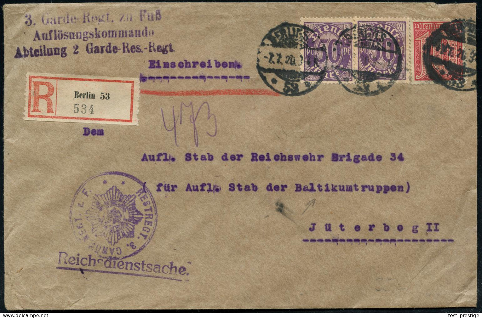 BERLIN SW/ *53* 1920 (7.7.) 1K-Gitter Auf Dienst 10 Pf. U. 2x 50 Pf. + RZ: Berlin 53 + Viol. Abs.-3L: 3. Garde Regt. Zu  - WW1 (I Guerra Mundial)