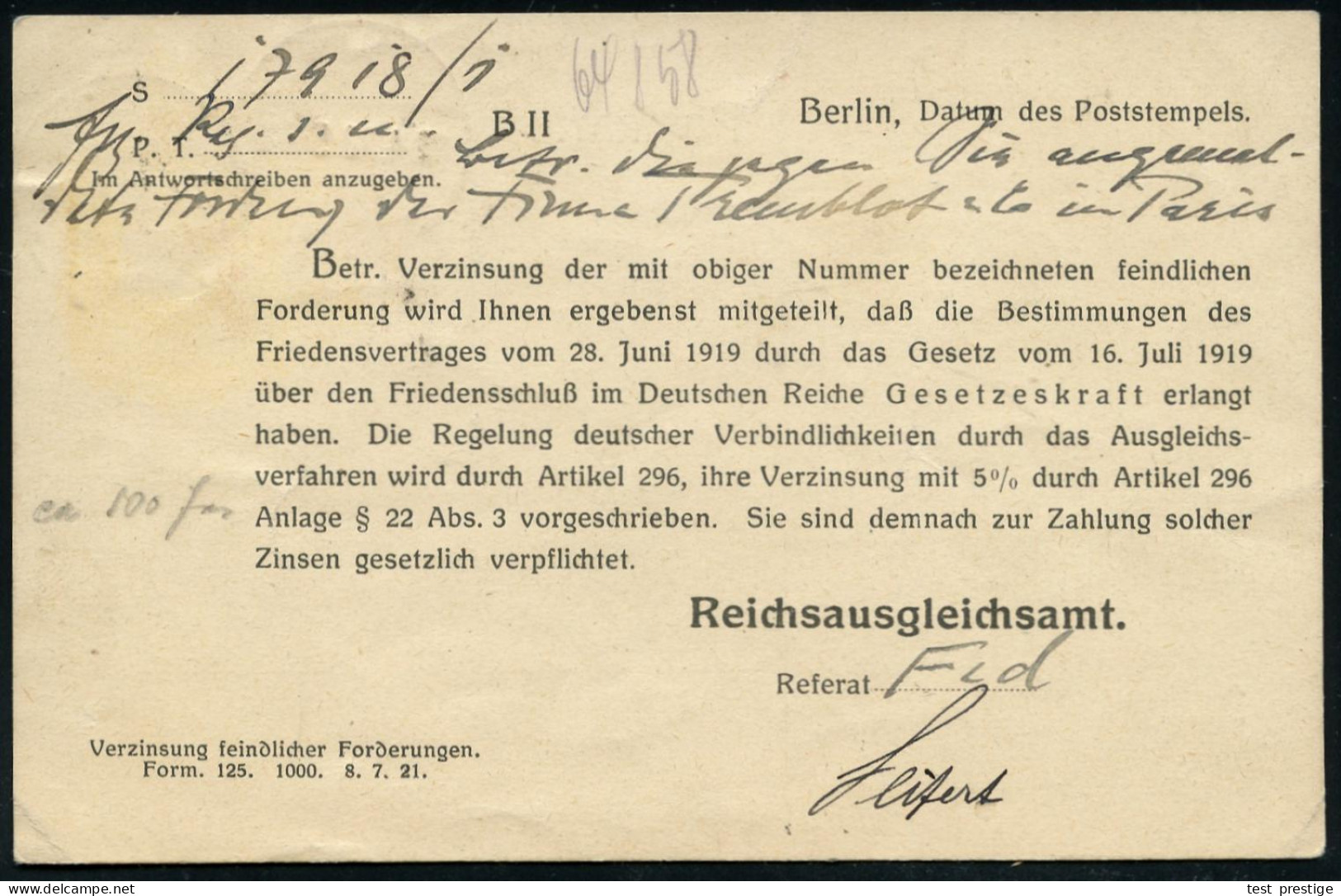 BERLIN ; W/ *66a 1922 (13.4.) 1K-Gitter Auf Dienst 15 Pf. U. 60 Pf. + Blauer 3K-HdN: REICHSAUSGLEICHSAMT/KANZLEI (Weimar - WW1