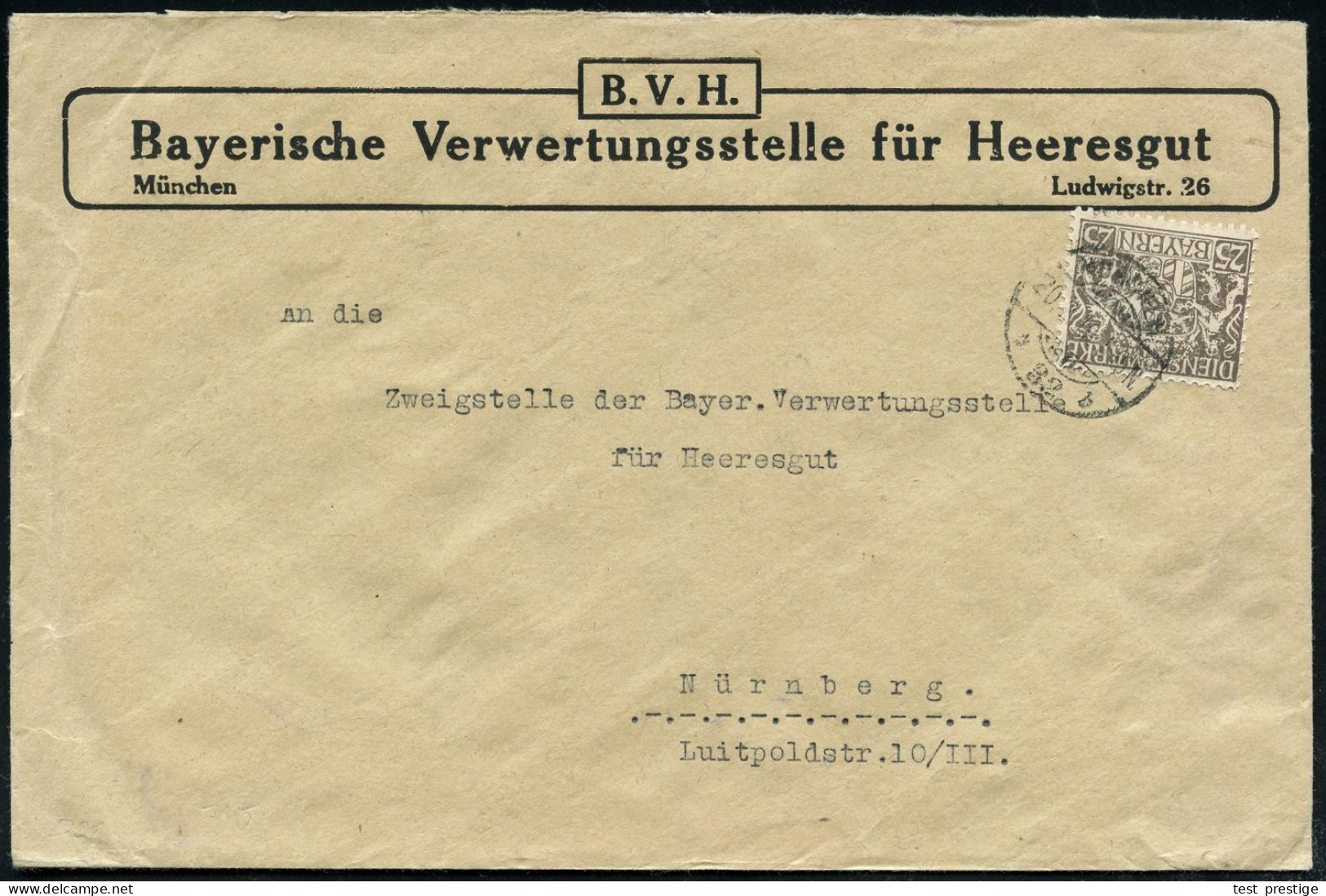 MÜNCHEN/ *32b 1919 (20.2.) 1K-Gitter Auf EF Bayern Dienst 25 Pf. Auf Dienst-Bf.: B. V. H., Bayerische Verwendungsstelle  - 1. Weltkrieg