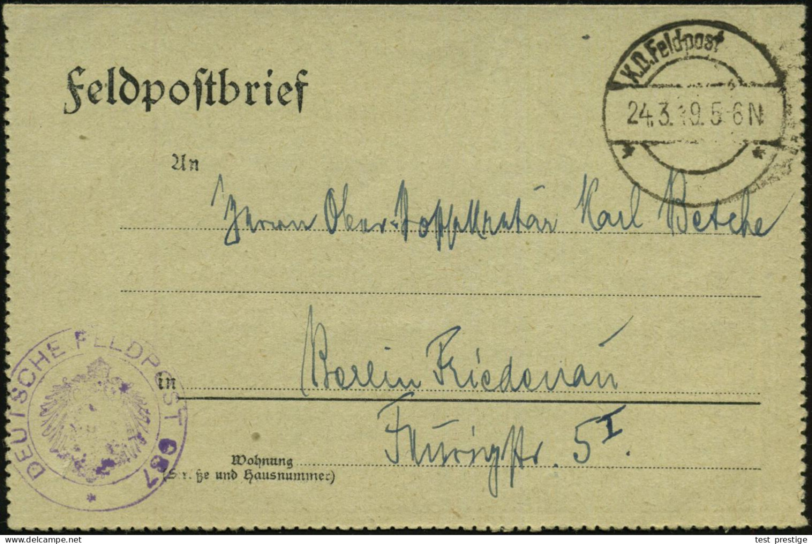 Glogau 1919 (24.3.) Aptierte 1K-Brücke: K. D. Feldpost/** + Viol. 2K-HdN: DEUTSCHE FELDPOST 987 (noch Mit Kaiseradler!)  - Otros & Sin Clasificación