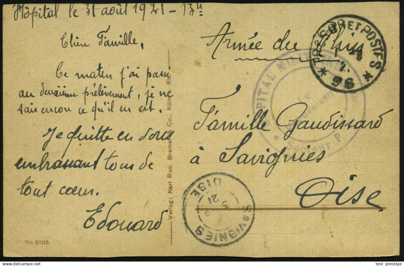 Bonn 1921 (1.9.) Feldpost-1K: TRESOR ET POSTES/* 96 * = Französ. Feldpostamt Bonn + Viol. 2K-HdN: HOPITAL MILITAIRE/Sect - Other & Unclassified