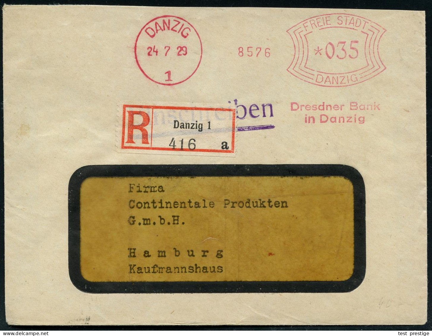 DANZIG/ 1/ Dresdner Bank/ In Danzig 1929 (18.6.) AFS Francotyp Bogenrechteck "FREIE STADT DANZIG" 035 Pf- + RZ: Danzg 1/ - Sonstige & Ohne Zuordnung