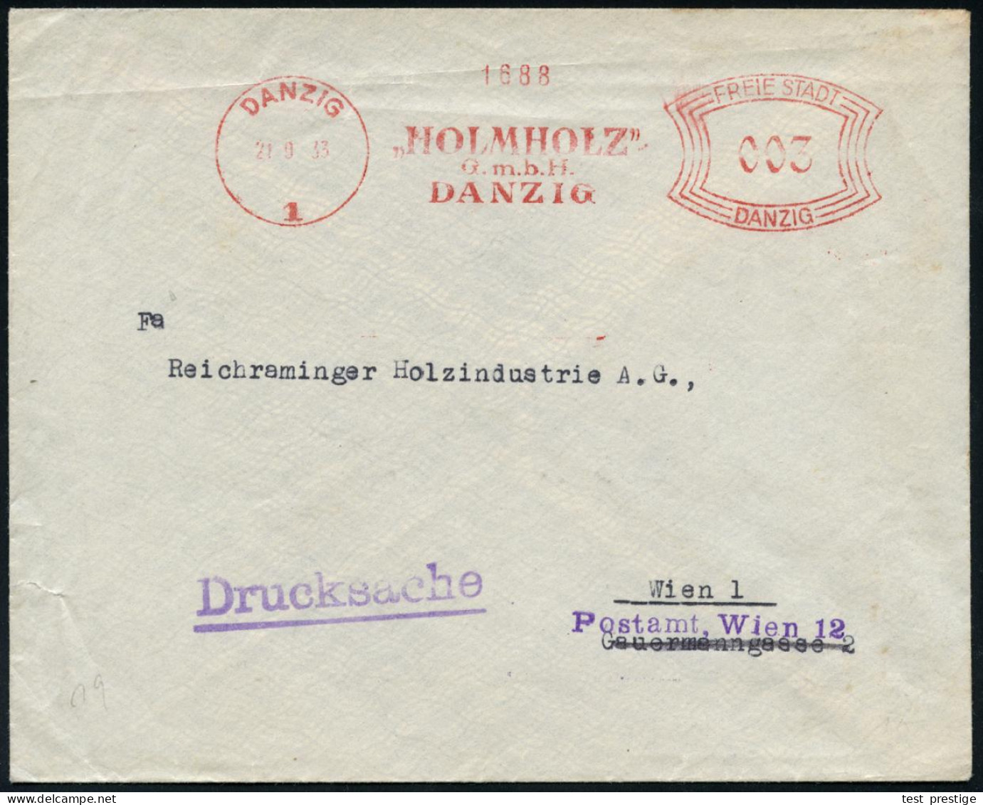 DANZIG/ 1/ "HOLMHOLTZ"/ GmbH/ DANZIG 1933 (21.9.) Seltener AFS Francotyp "Bogenrechteck": FREIE STADT DANZIG Auf Ausl.-D - Sonstige & Ohne Zuordnung