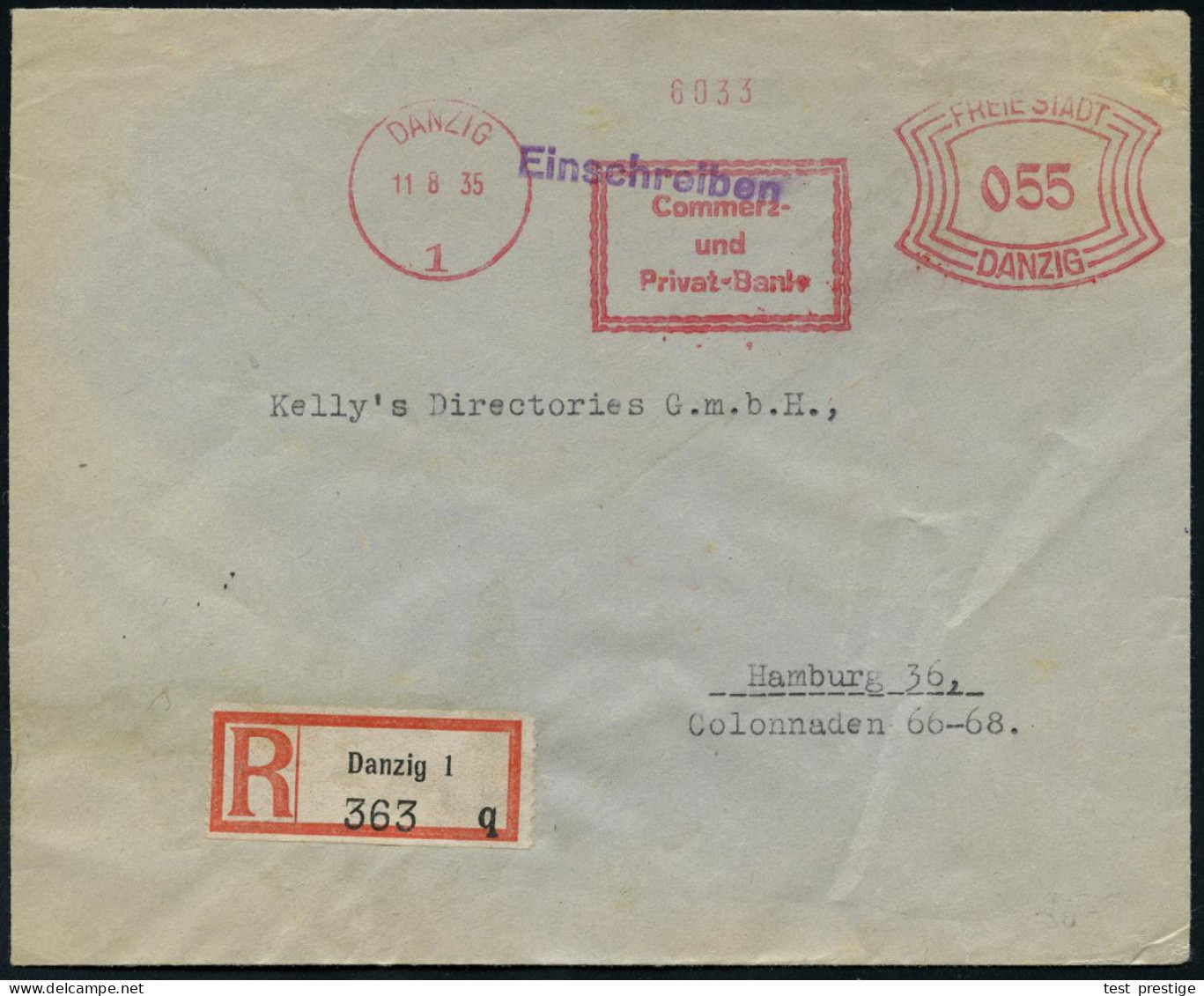 DANZIG/ 1/ Commerz-/ Und/ Privat-Bank 1935 (11.8.) AFS Francotyp "Bogenrechteck": FREIE STADT DANZIG 055 Pf. + RZ: Danzi - Other & Unclassified