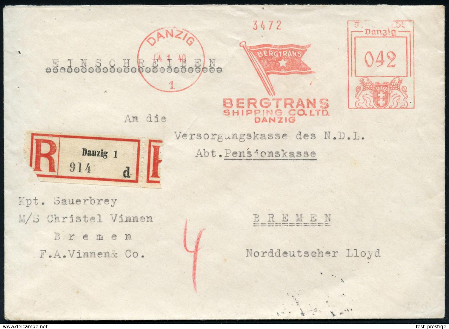 DANZIG/ 1/ BERGTRANS/ SHIPPING C.LTD./ DANZIG 1940 (4.1.) AFS Francotyp "Stadtwappen" 042 Pf. (Reederei-Flagge) + RZ: Da - Sonstige & Ohne Zuordnung