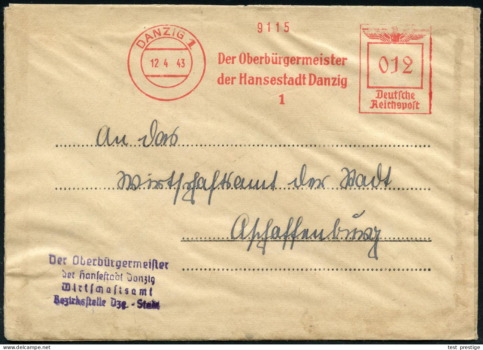 DANZIG 1/ Der Oberbürgermeister/ Der Hansestadt Danzig 1943 (12.4.) AFS Francotyp "Reichsadler" + Viol. Abs.-4L: Der Obe - Otros & Sin Clasificación