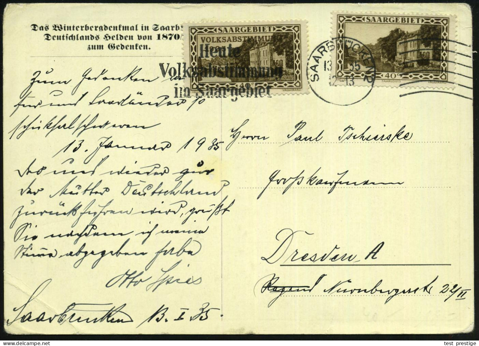 SAARBRÜCKEN 2/ Heute/ Volksabstimmung.. 1935 (13.1.) MWSt. + 6 Wellen Rechts, 40 C. Volksabstimmung Etc., S/w.-Propagand - Other & Unclassified