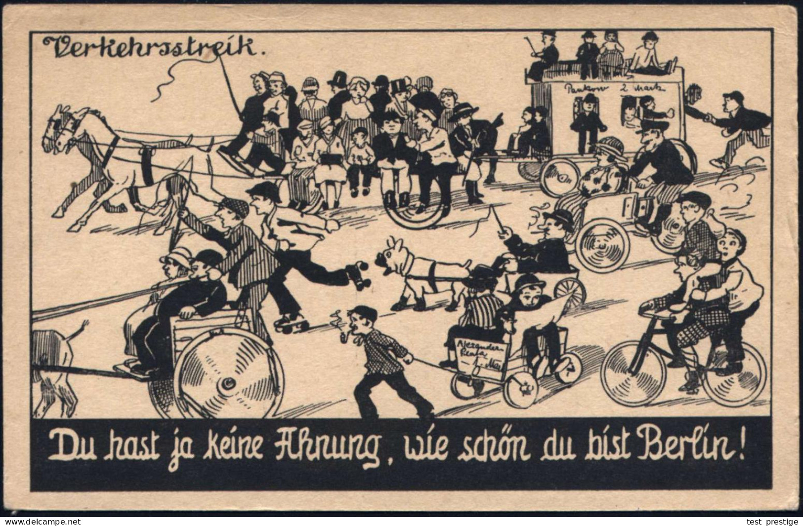 Berlin 1919 (Juli) Humorist. Künstler-Ak.: Verkehrsstreik.. Alexanderplatz = BVG-Streik 1.-14. Juli , Dabei Fahrrad-Riks - Autres & Non Classés