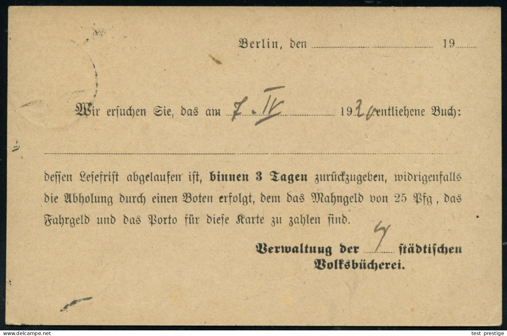 BERLIN S/ *42f 1920 (20.5.) 1K-Brücke Auf Amtl. P 10 Pf. Nat.Vers. + Amtl. Zudruck: Magistrat/der Stadt Berlin..Volksbüc - Other & Unclassified