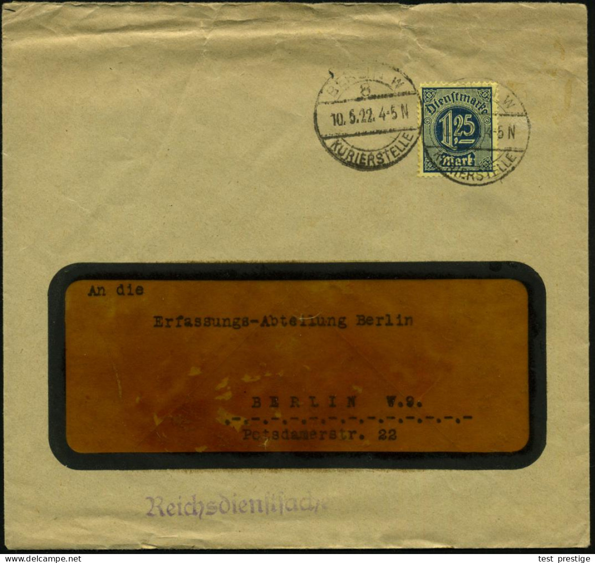 BERLIN W/ 8/  K U R I E R S T E L L E 1922 (10.5.) 1K-Brücke = Hauspostamt Auswärtiges Amt, 2x Auf EF Dienst 1,25 Mk., R - Sonstige & Ohne Zuordnung