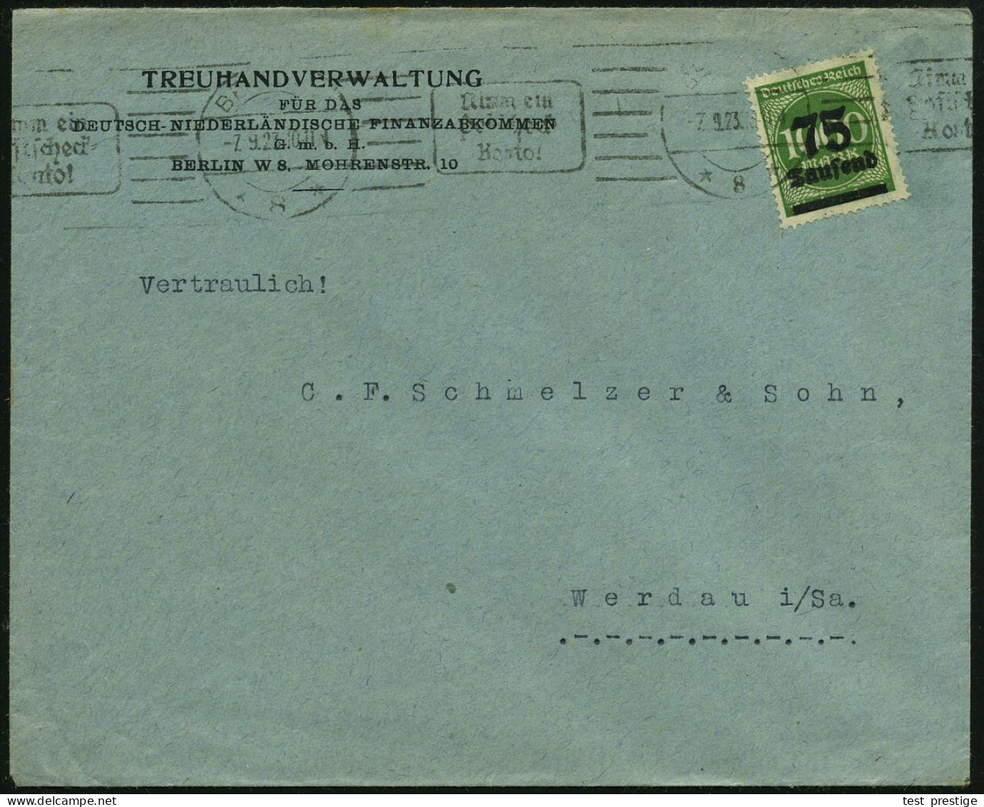 Berlin W 8 1923 (7.9.) Dienst-Bf.: TREUHANDVERWALTUNG FÜR DAS DEUTSCH-NIEDERLÄNDISCHE FINANZABKOMMEN.. , EF 75/1000 Mk., - Otros & Sin Clasificación
