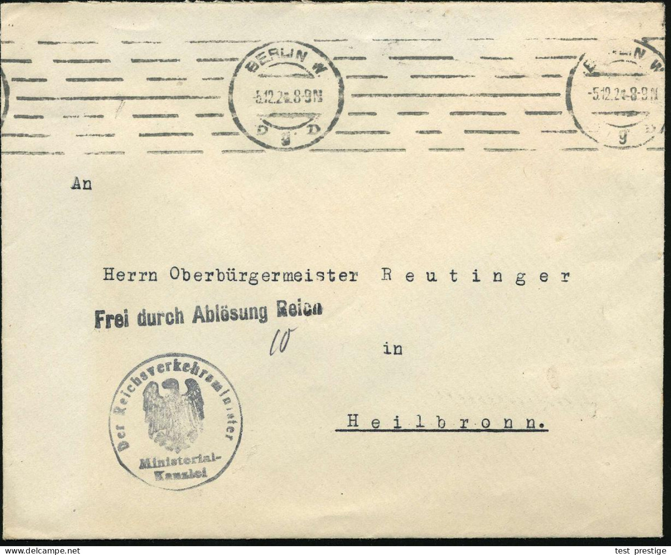 BERLIN W./ D9D 1924 (5.12.) Band-MaSt + 1L: FdAR + 1K-HdN: Der Reichsverkehrsminister/ Ministerial-/Kanzlei (Weimarer Ad - Other & Unclassified