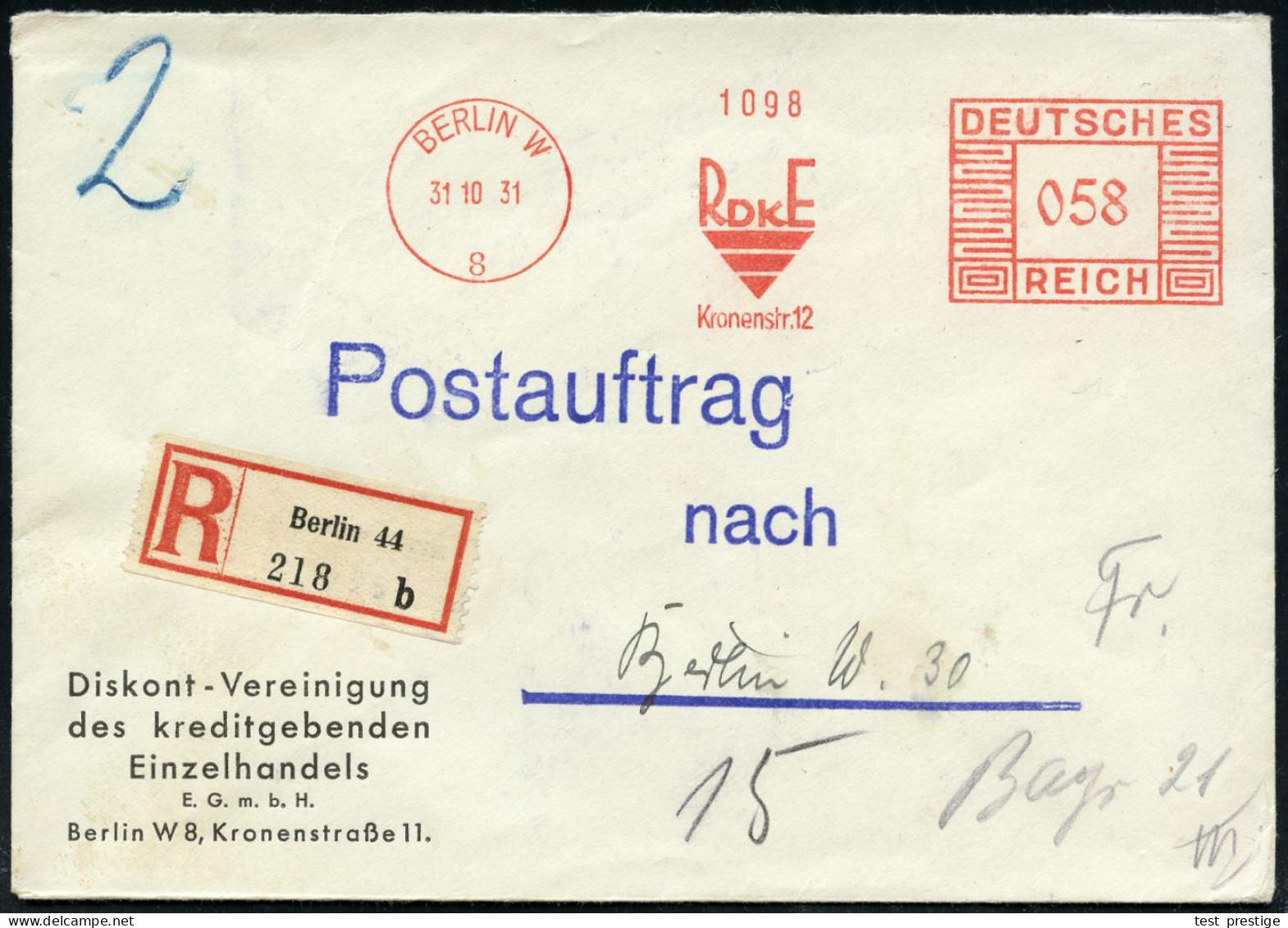 BERLIN W/ 8/ RDKE/ Kronenstr.12 1931 (31.10.) AFS Francotyp 058 Pf. (Logo M.Monogr.) Auf Vordruck-Bf. = Reichs-Diskont-V - Other & Unclassified