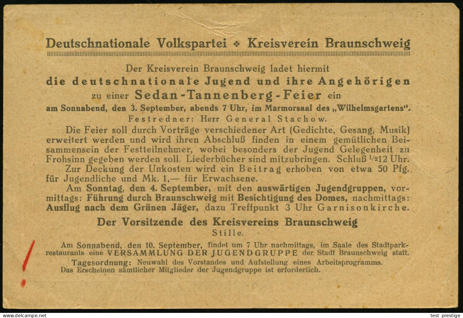 BRAUNSCHWEIG/ *1I 1921 (31.8.) PFS 15 Pf. Ziermuster Auf Vordr.-Kt.: Deutschnationale Volkspartei.. Sedan-Tannenberg (ob - Autres & Non Classés