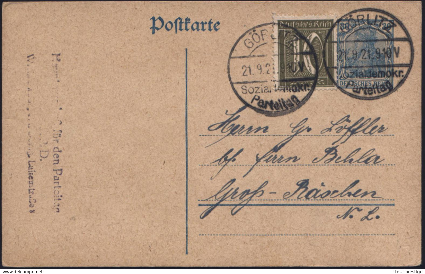 GÖRLITZ/ Sozialdemokr./ Parteitag 1921 (21.9.) Seltener SSt 2x + Viol. 3L-HdN: Hauptausschuß Für Den Parteitag/ Der S.P. - Other & Unclassified